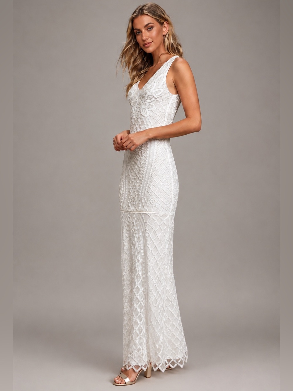 Lulus NWT White Art Deco Beaded Evening Dress Bridal Reception Formal Gown M